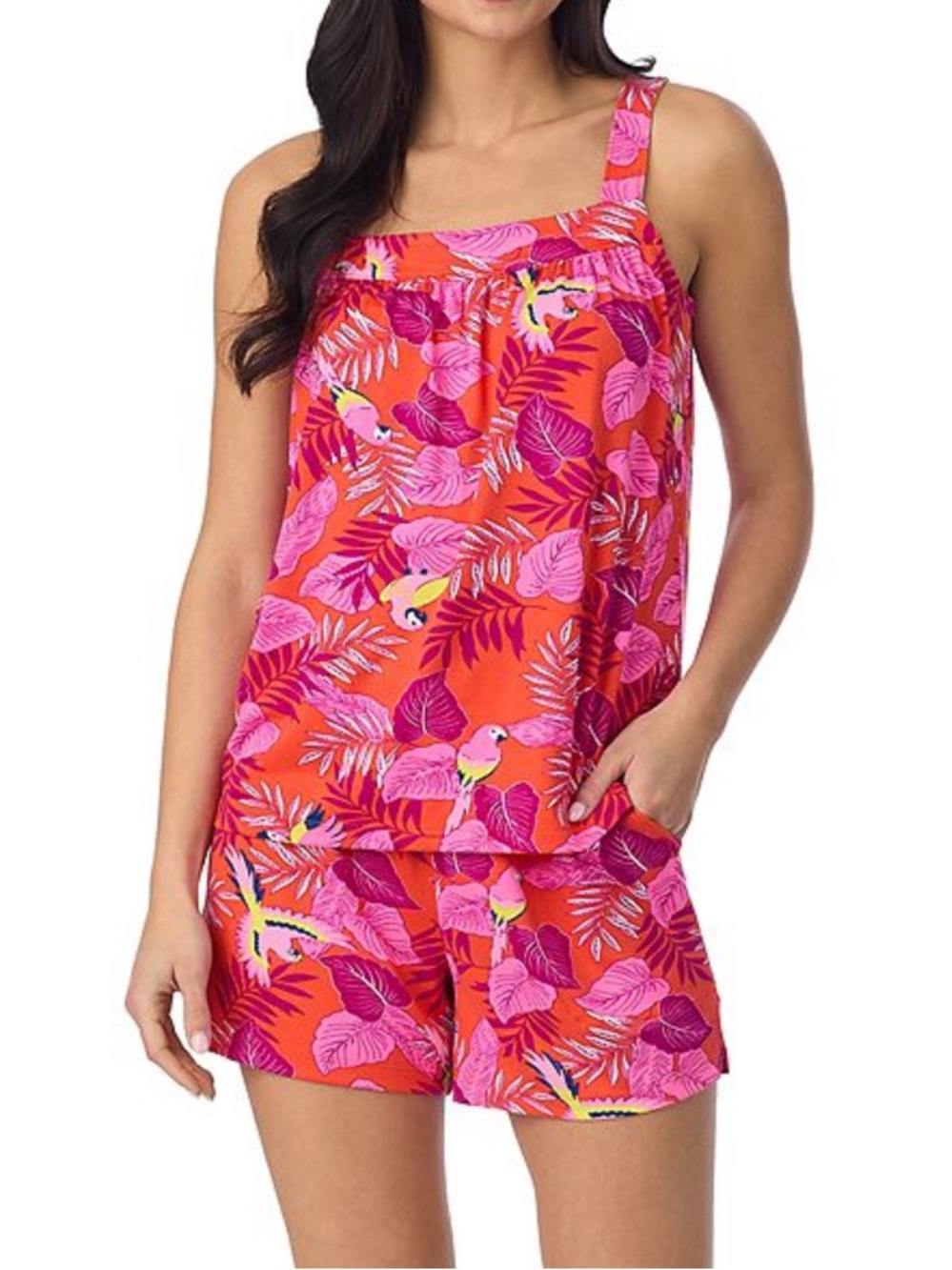 Cuddl Duds Pajama Set Cozy 2pc Tank Top Shorts NEW Pink Orange Bird Paradise L